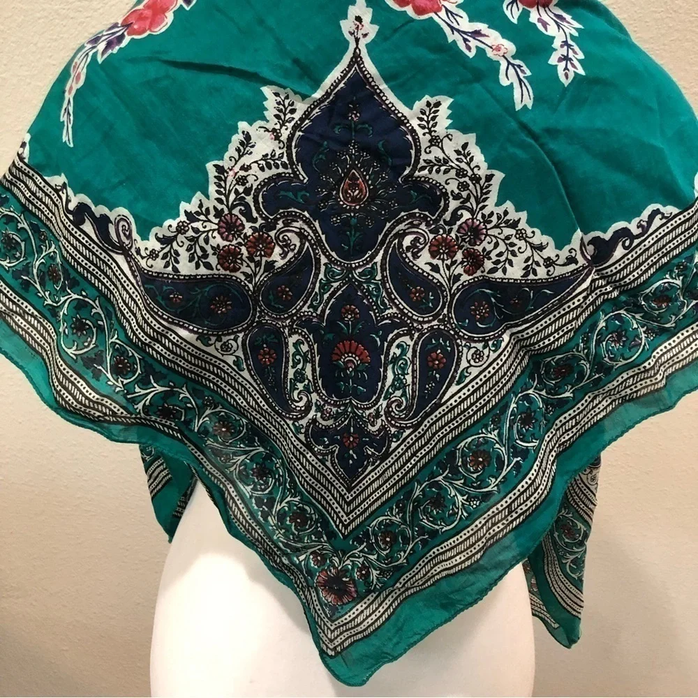 WRAP/SCARF. Floral.  Green with pink flowers and jewel tone paisley edge   OS - Picture 3 of 6